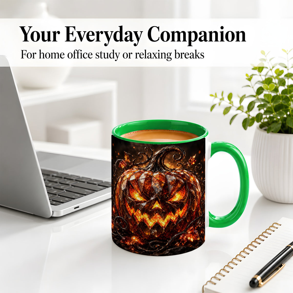 #pl[11oz|Green] Halloween Jack O Lantern Accent Mug, Ceramic Mug with Pumpkin Art