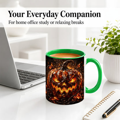 #pl[11oz|Green] Halloween Jack O Lantern Accent Mug, Ceramic Mug with Pumpkin Art