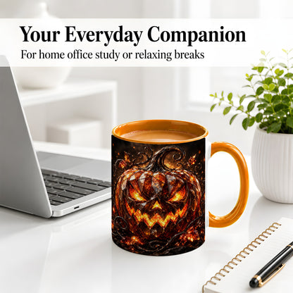 #pl[11oz|Orange] Halloween Jack O Lantern Accent Mug, Ceramic Mug with Pumpkin Art