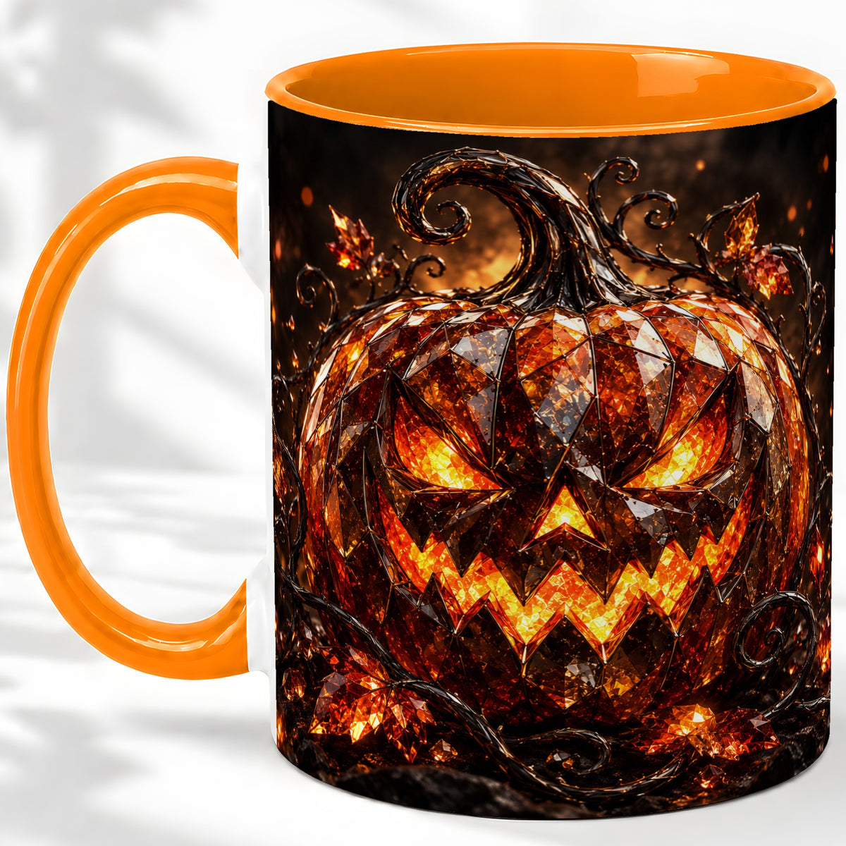 #pl[11oz|Orange] Halloween Jack O Lantern Accent Mug, Ceramic Mug with Pumpkin Art