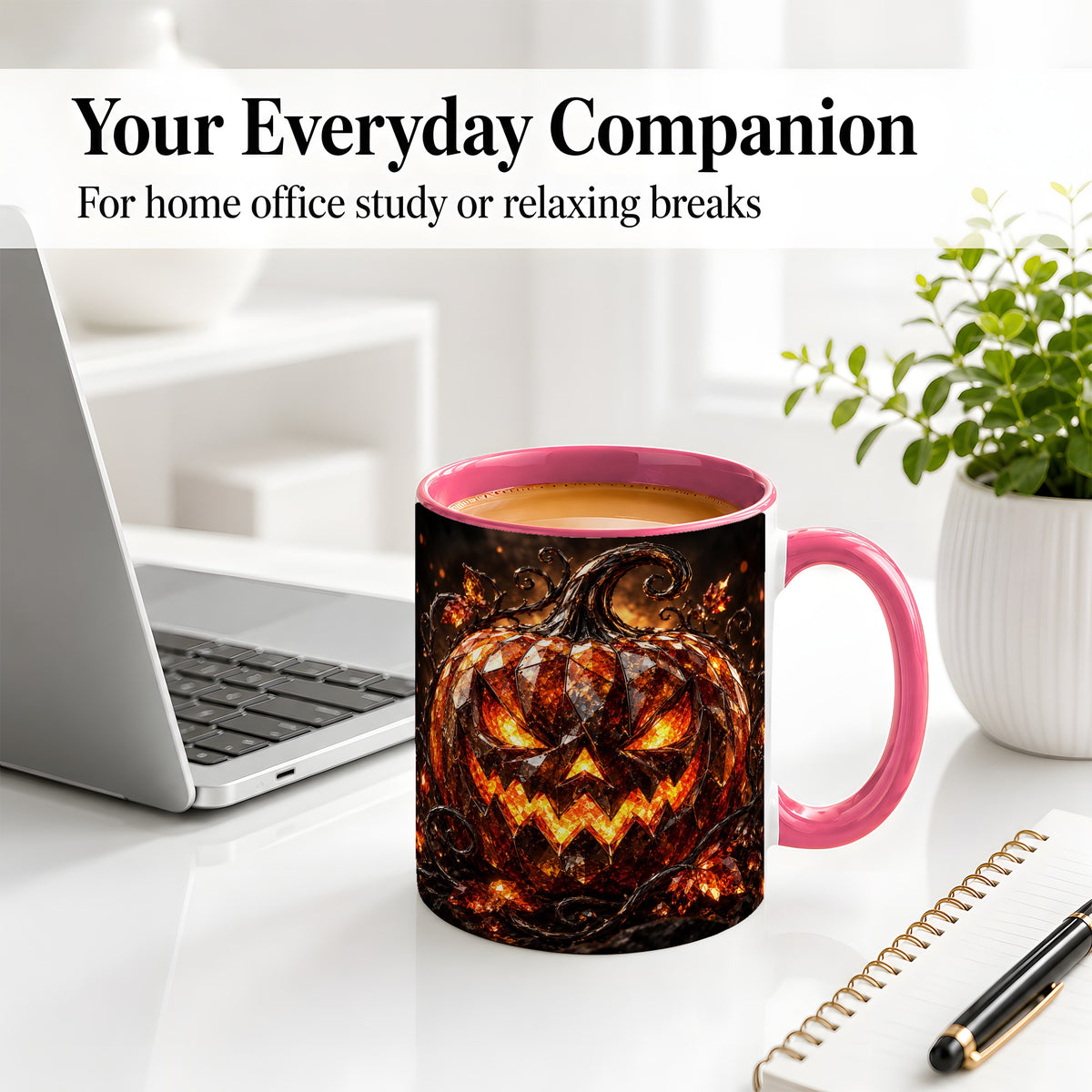 #pl[11oz|Pink] Halloween Jack O Lantern Accent Mug, Ceramic Mug with Pumpkin Art
