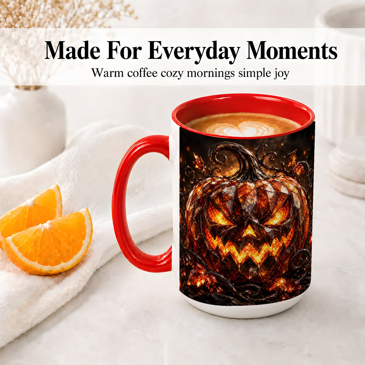 #pl[15oz|Red] Halloween Jack O Lantern Accent Mug, Ceramic Mug with Pumpkin Art