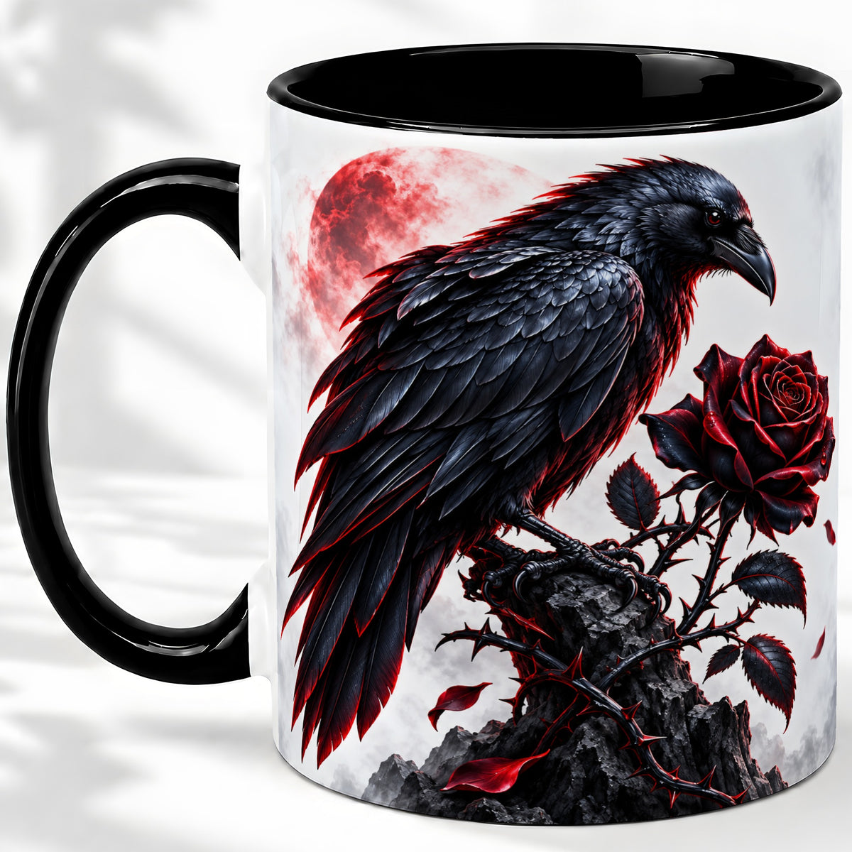 #pl[11oz|Black] Gothic Raven Rose Accent Mug, Ceramic Mug with Red Moon Artwork