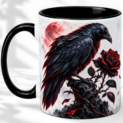 #pl[11oz|Black] Gothic Raven Rose Accent Mug, Ceramic Mug with Red Moon Artwork