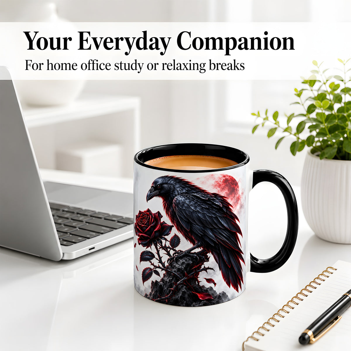 #pl[11oz|Black] Gothic Raven Rose Accent Mug, Ceramic Mug with Red Moon Artwork