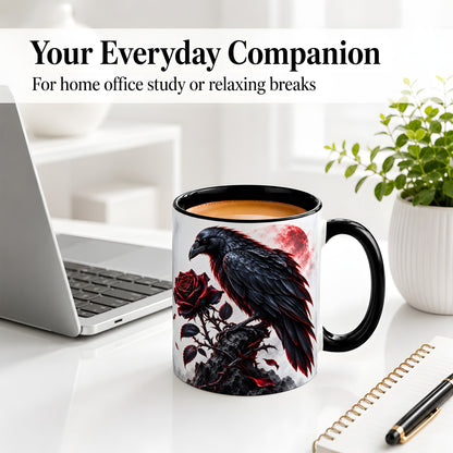 #pl[11oz|Black] Gothic Raven Rose Accent Mug, Ceramic Mug with Red Moon Artwork