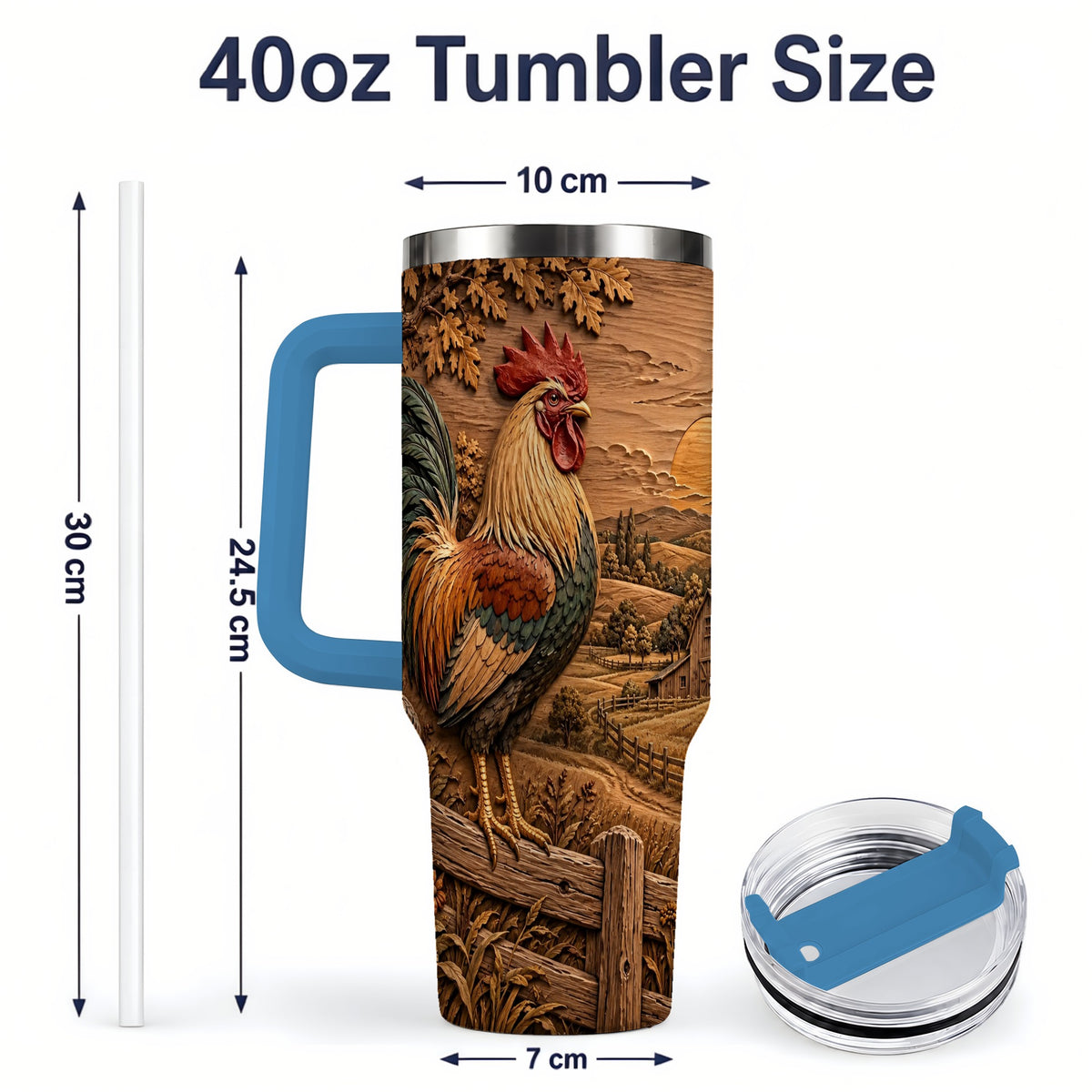 #pl[40oz|Blue] Farm Rooster Tumbler, 40oz Tumbler with Rustic Country Artwork
