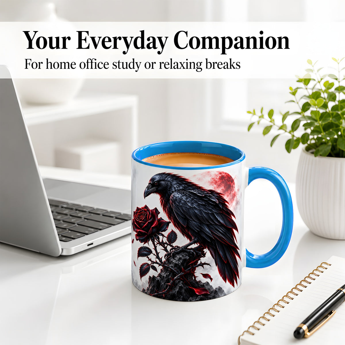 #pl[11oz|Blue] Gothic Raven Rose Accent Mug, Ceramic Mug with Red Moon Artwork