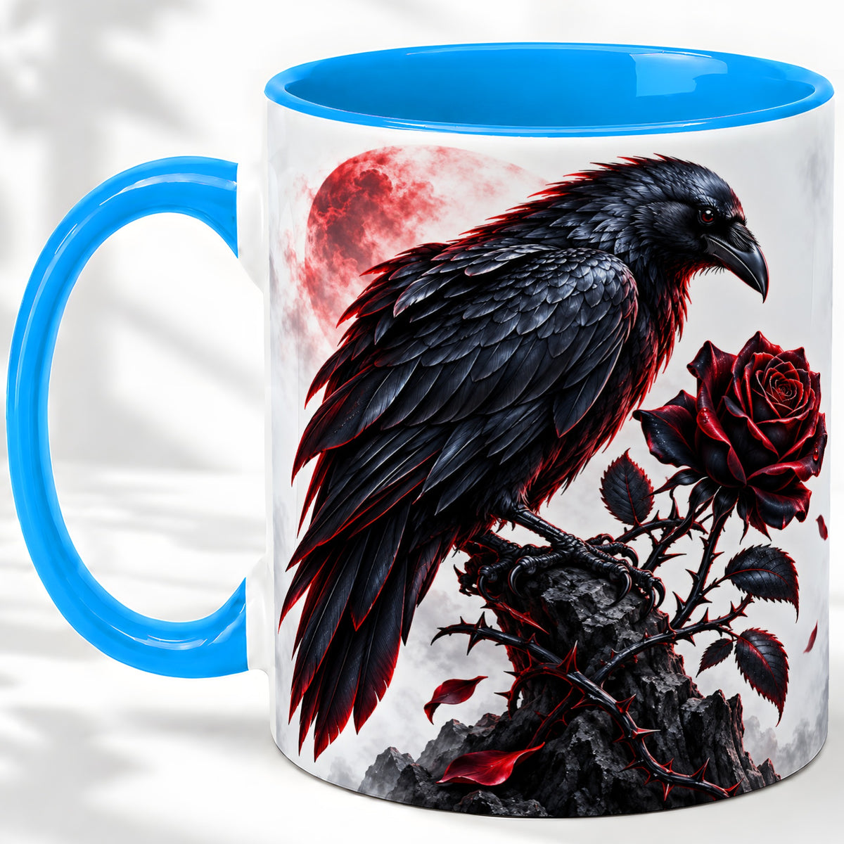 #pl[11oz|Blue] Gothic Raven Rose Accent Mug, Ceramic Mug with Red Moon Artwork