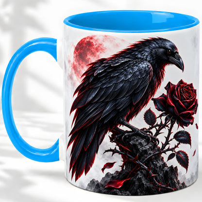 #pl[11oz|Blue] Gothic Raven Rose Accent Mug, Ceramic Mug with Red Moon Artwork