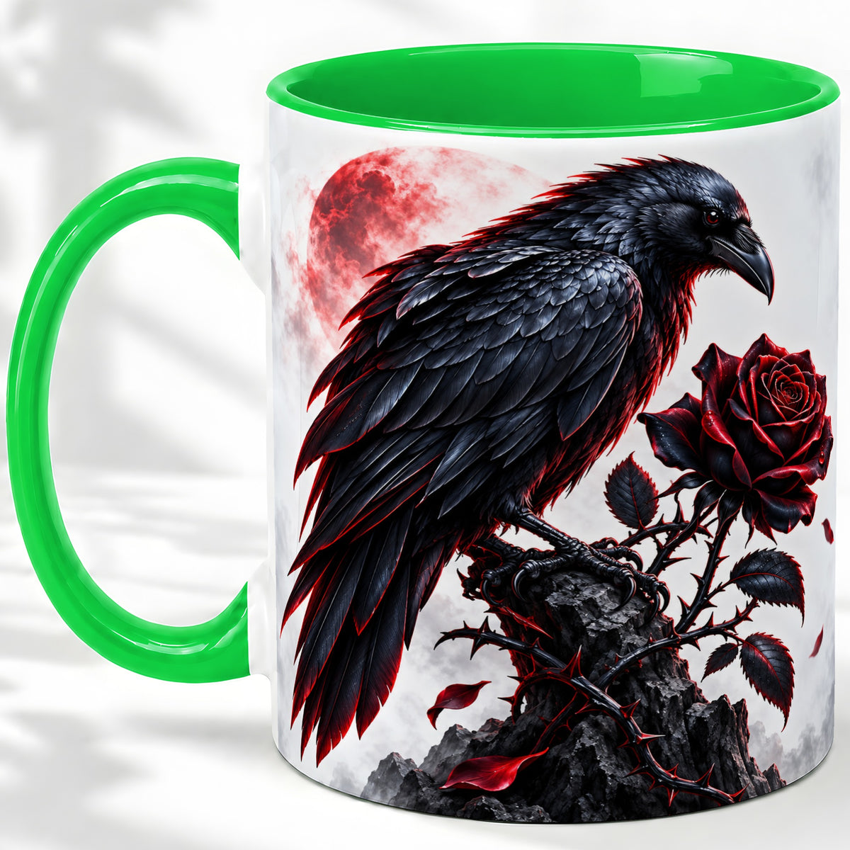 #pl[11oz|Green] Gothic Raven Rose Accent Mug, Ceramic Mug with Red Moon Artwork