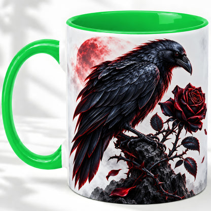 #pl[11oz|Green] Gothic Raven Rose Accent Mug, Ceramic Mug with Red Moon Artwork