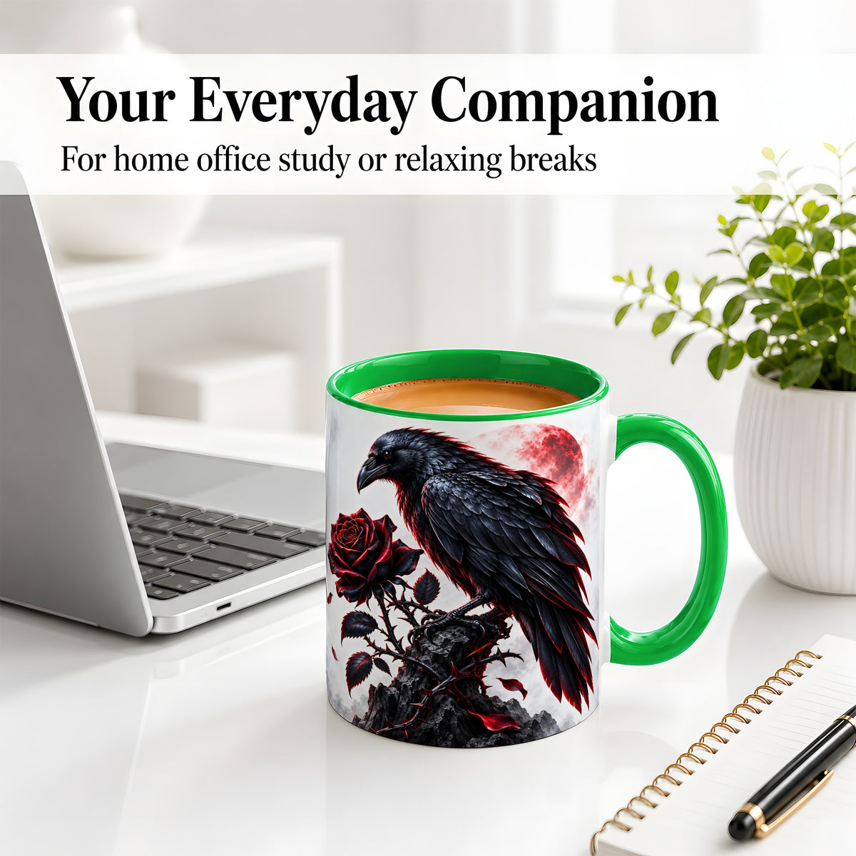 #pl[11oz|Green] Gothic Raven Rose Accent Mug, Ceramic Mug with Red Moon Artwork