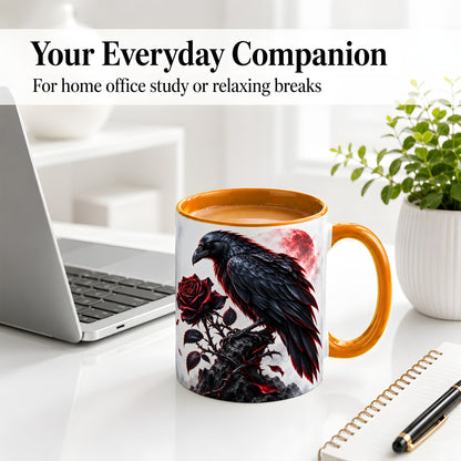 #pl[11oz|Orange] Gothic Raven Rose Accent Mug, Ceramic Mug with Red Moon Artwork