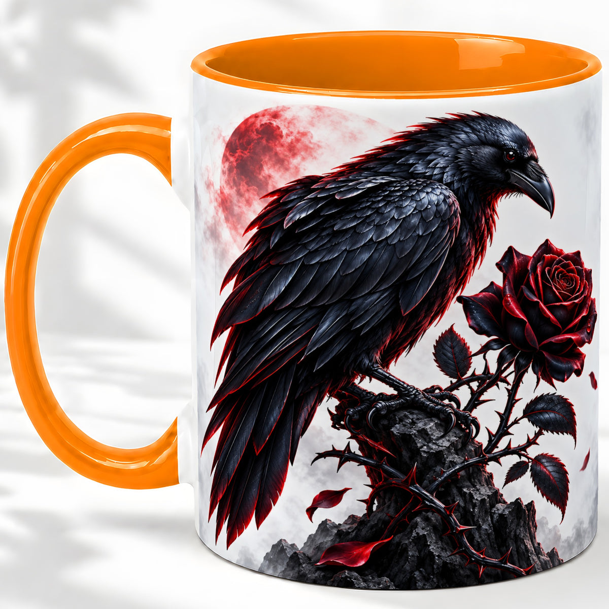 #pl[11oz|Orange] Gothic Raven Rose Accent Mug, Ceramic Mug with Red Moon Artwork