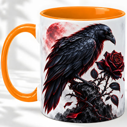 #pl[11oz|Orange] Gothic Raven Rose Accent Mug, Ceramic Mug with Red Moon Artwork