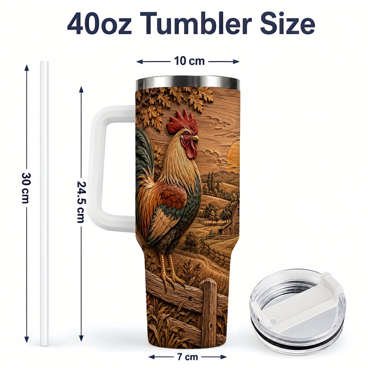 #pl[40oz|White] Farm Rooster Tumbler, 40oz Tumbler with Rustic Country Artwork