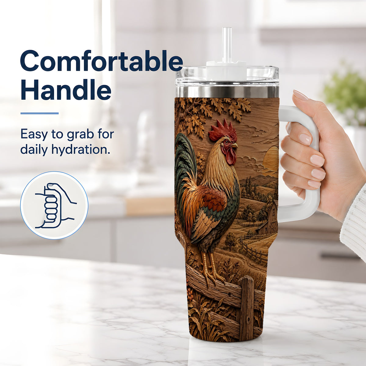 #pl[40oz|White] Farm Rooster Tumbler, 40oz Tumbler with Rustic Country Artwork