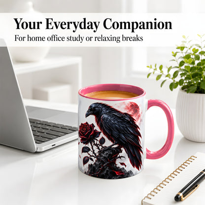 #pl[11oz|Pink] Gothic Raven Rose Accent Mug, Ceramic Mug with Red Moon Artwork