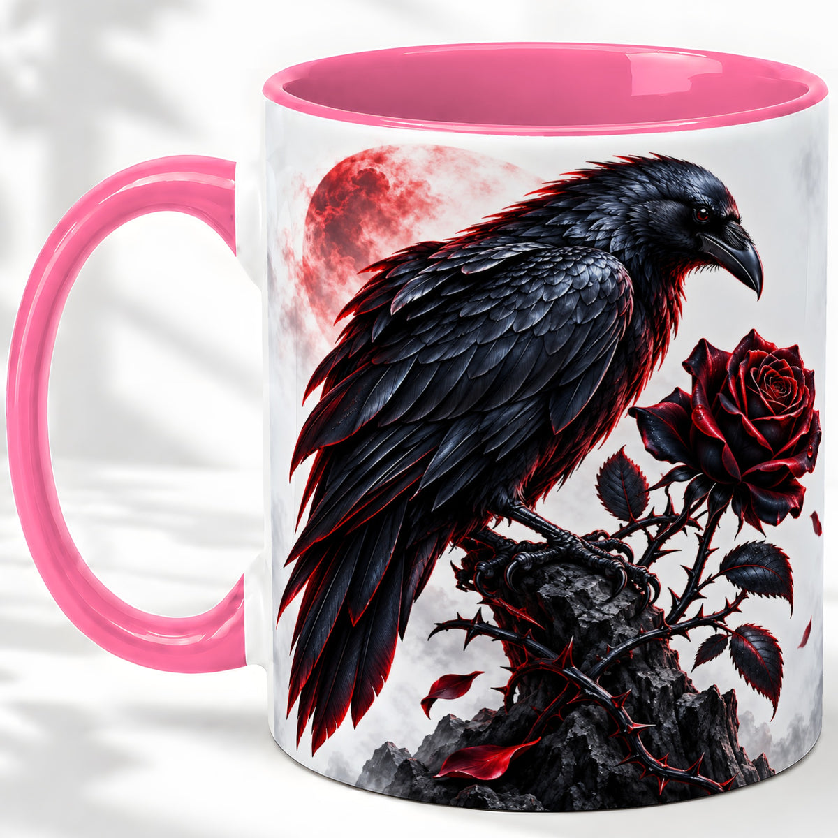 #pl[11oz|Pink] Gothic Raven Rose Accent Mug, Ceramic Mug with Red Moon Artwork