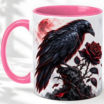 #pl[11oz|Pink] Gothic Raven Rose Accent Mug, Ceramic Mug with Red Moon Artwork
