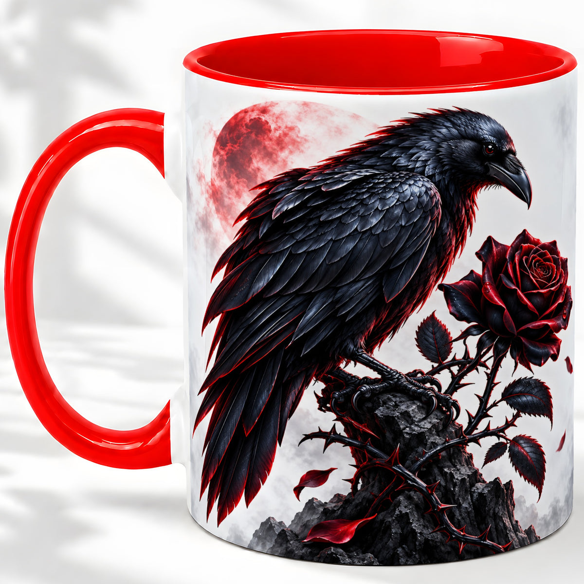 Gothic Raven Rose Accent Mug, Ceramic Mug with Red Moon Artwork