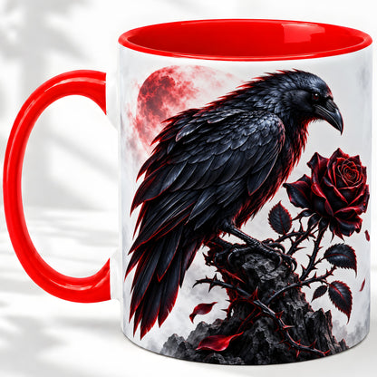 Gothic Raven Rose Accent Mug, Ceramic Mug with Red Moon Artwork