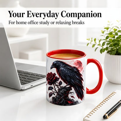 #pl[11oz|Red] Gothic Raven Rose Accent Mug, Ceramic Mug with Red Moon Artwork