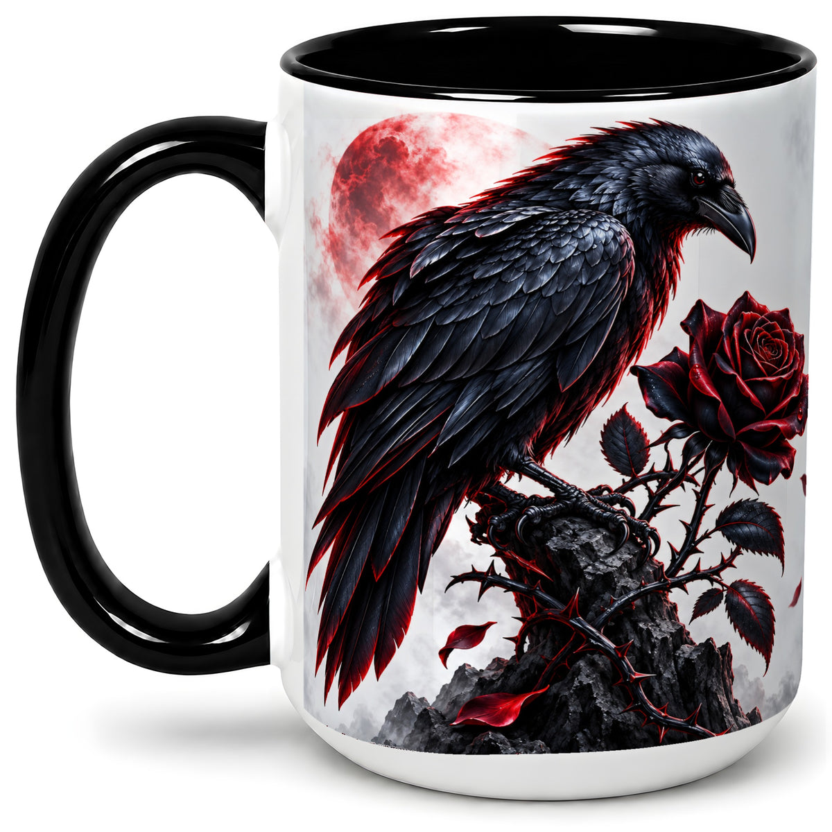 #pl[15oz|Black] Gothic Raven Rose Accent Mug, Ceramic Mug with Red Moon Artwork