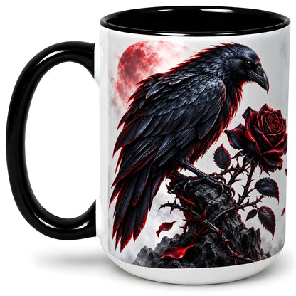 #pl[15oz|Black] Gothic Raven Rose Accent Mug, Ceramic Mug with Red Moon Artwork