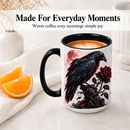 #pl[15oz|Black] Gothic Raven Rose Accent Mug, Ceramic Mug with Red Moon Artwork