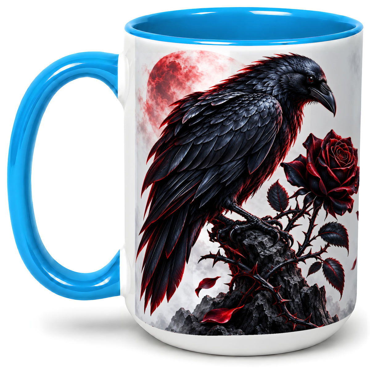 #pl[15oz|Blue] Gothic Raven Rose Accent Mug, Ceramic Mug with Red Moon Artwork