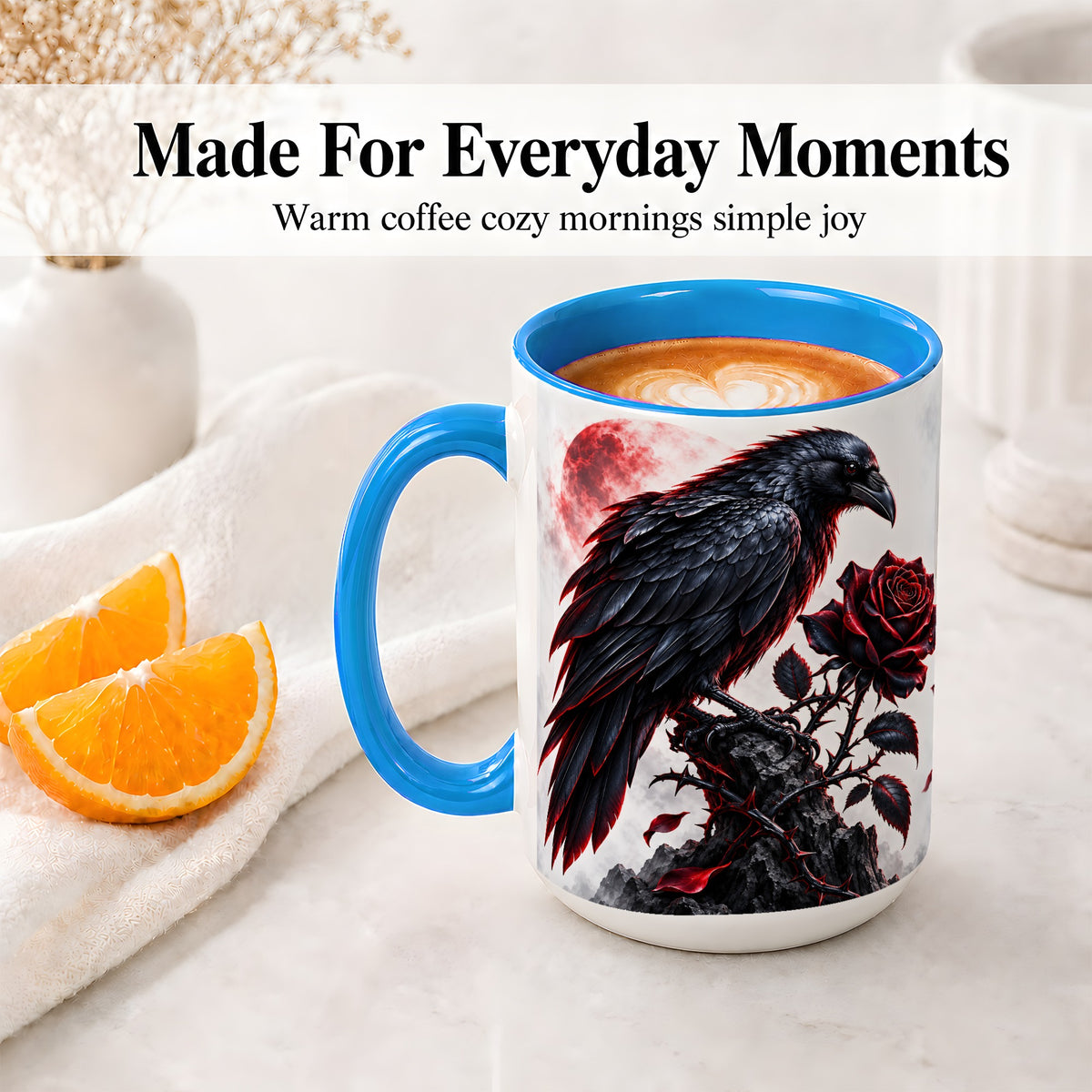 #pl[15oz|Blue] Gothic Raven Rose Accent Mug, Ceramic Mug with Red Moon Artwork