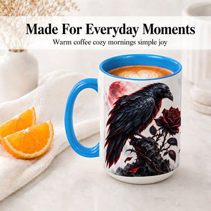#pl[15oz|Blue] Gothic Raven Rose Accent Mug, Ceramic Mug with Red Moon Artwork