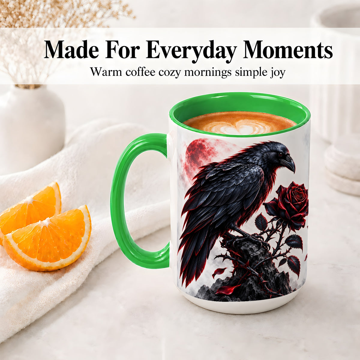 #pl[15oz|Green] Gothic Raven Rose Accent Mug, Ceramic Mug with Red Moon Artwork