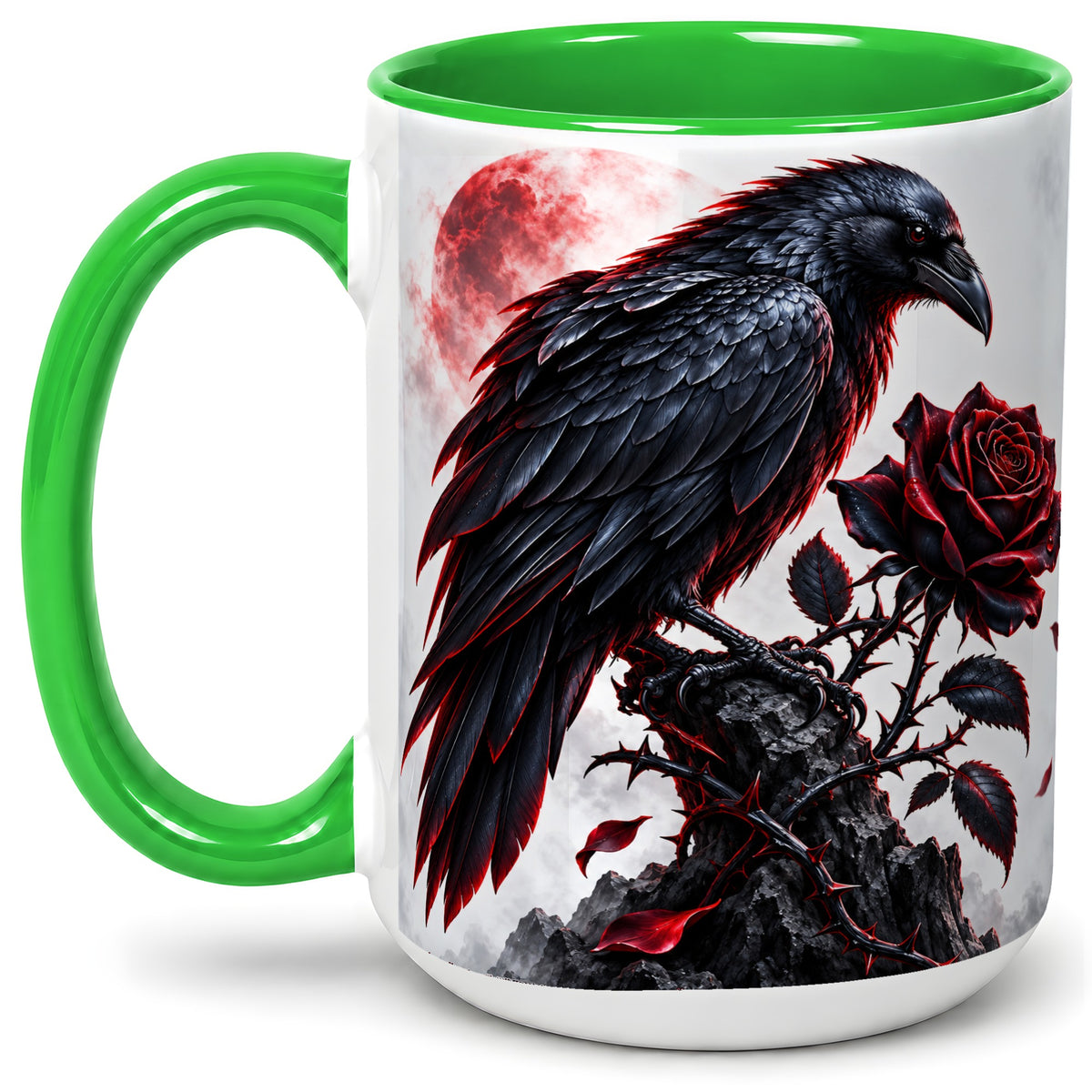 #pl[15oz|Green] Gothic Raven Rose Accent Mug, Ceramic Mug with Red Moon Artwork