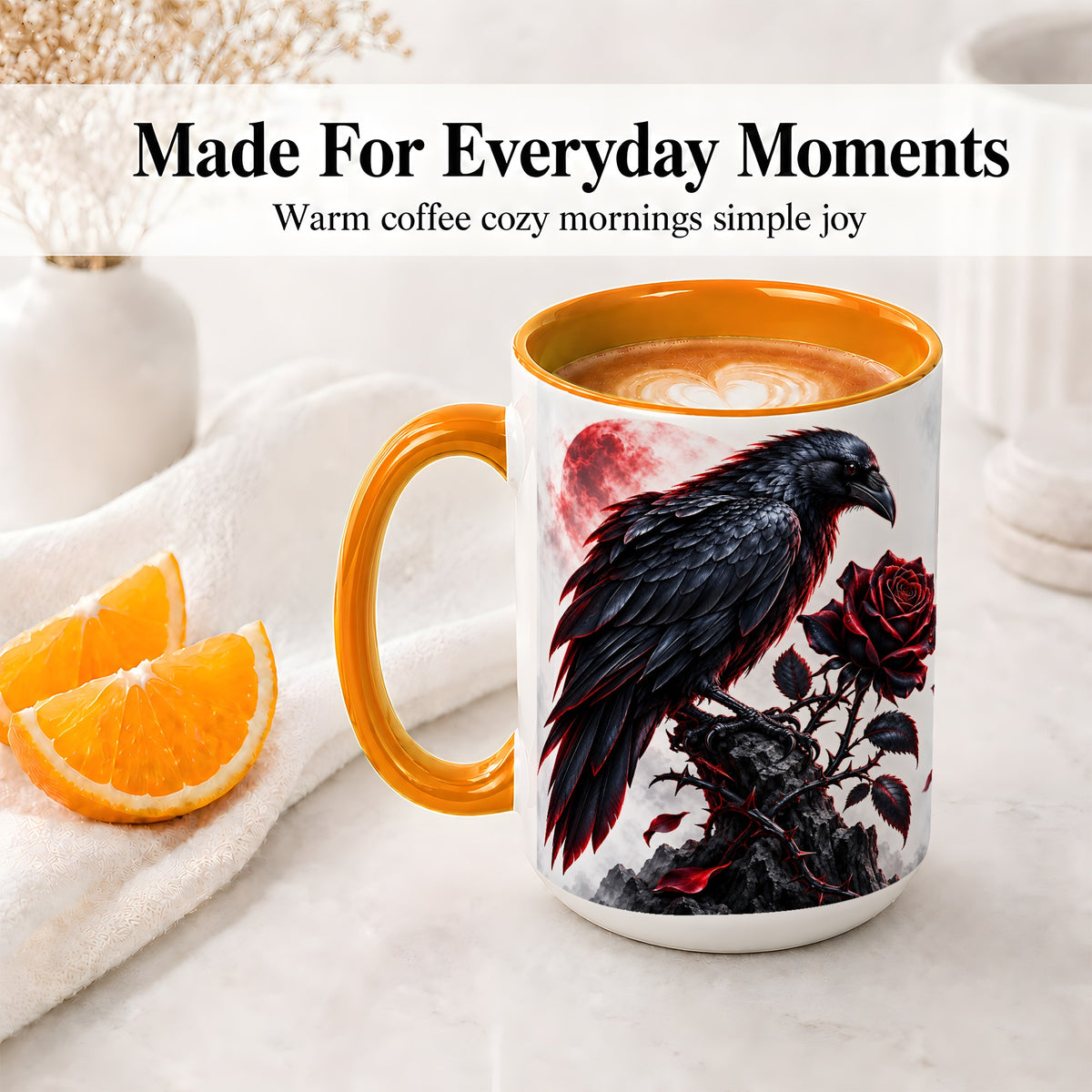 #pl[15oz|Orange] Gothic Raven Rose Accent Mug, Ceramic Mug with Red Moon Artwork