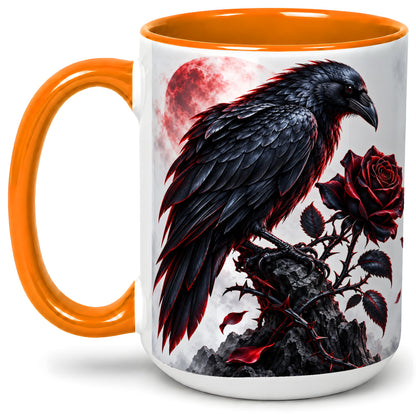 #pl[15oz|Orange] Gothic Raven Rose Accent Mug, Ceramic Mug with Red Moon Artwork