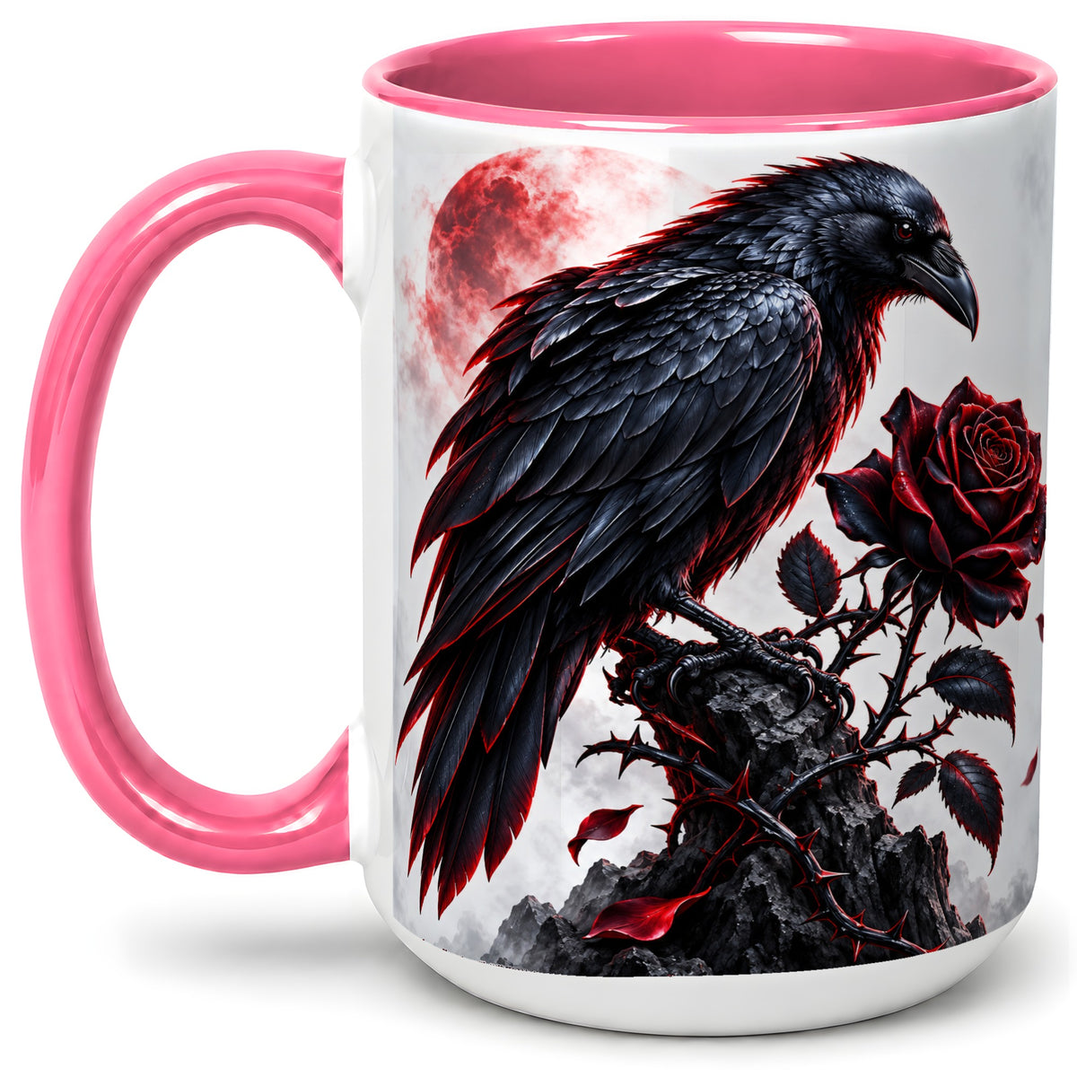 #pl[15oz|Pink] Gothic Raven Rose Accent Mug, Ceramic Mug with Red Moon Artwork