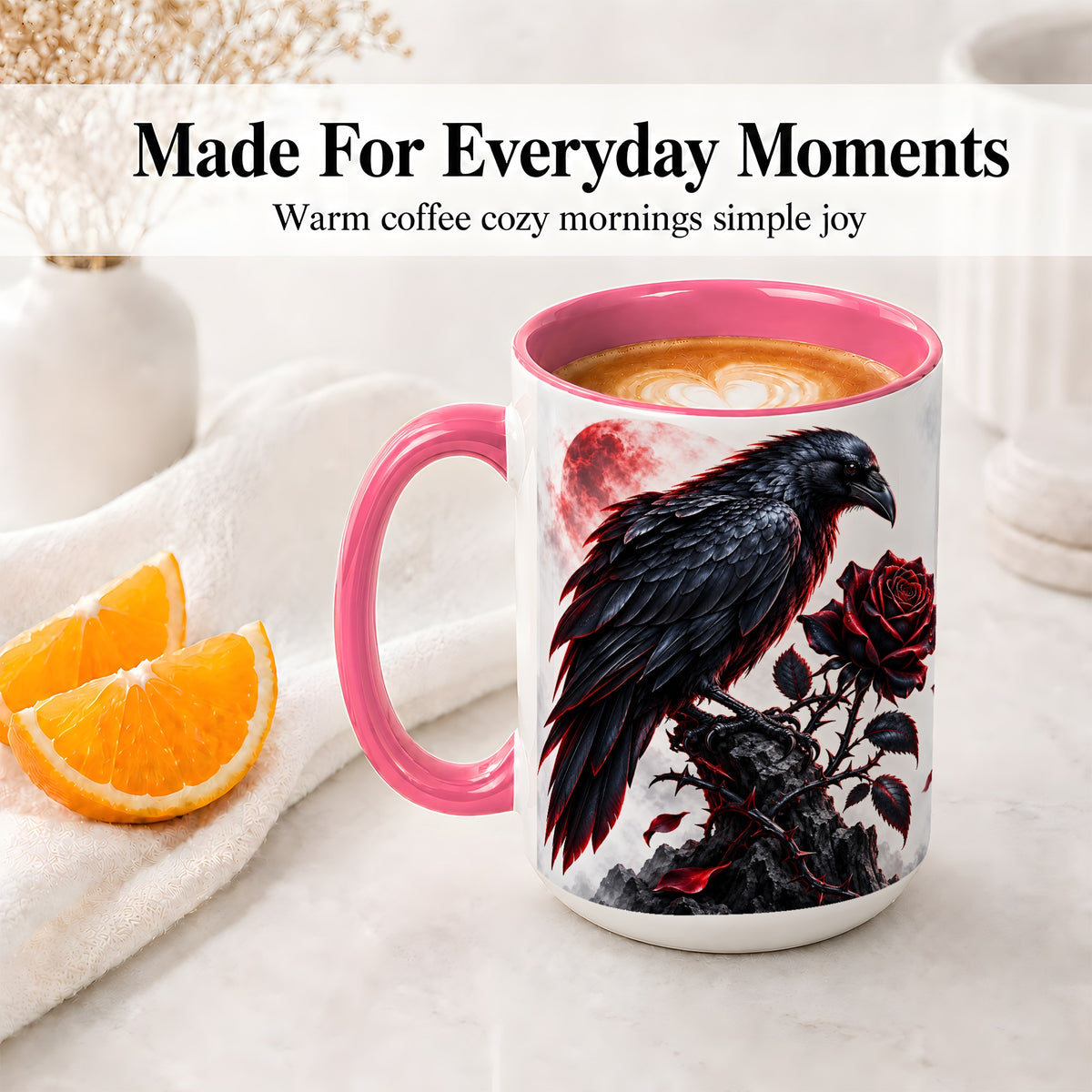 #pl[15oz|Pink] Gothic Raven Rose Accent Mug, Ceramic Mug with Red Moon Artwork