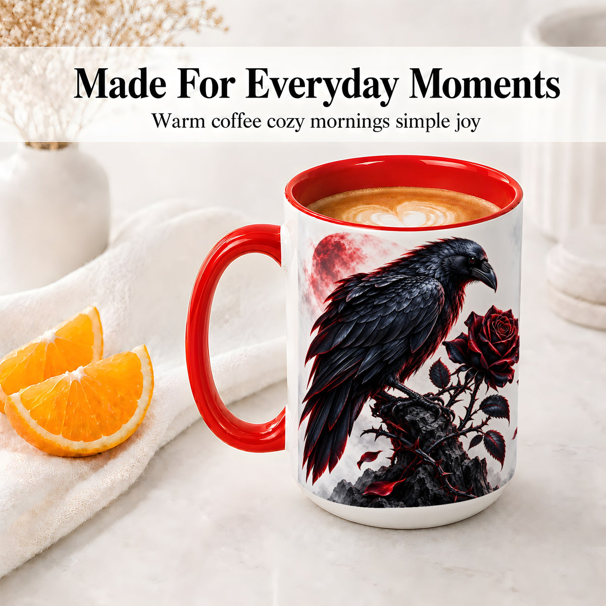 #pl[15oz|Red] Gothic Raven Rose Accent Mug, Ceramic Mug with Red Moon Artwork