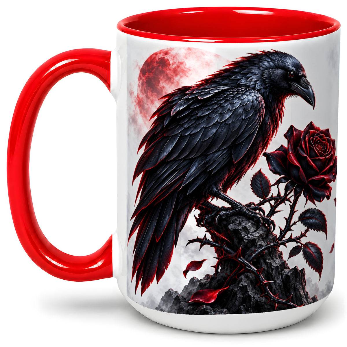 #pl[15oz|Red] Gothic Raven Rose Accent Mug, Ceramic Mug with Red Moon Artwork