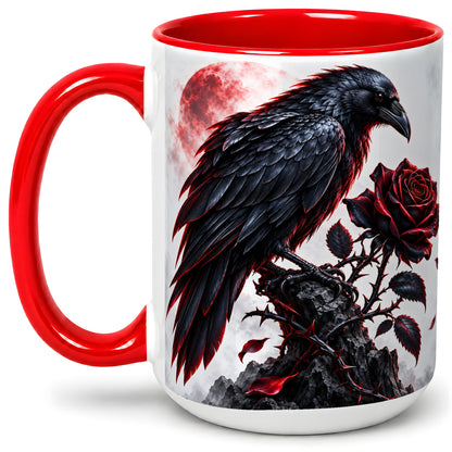 #pl[15oz|Red] Gothic Raven Rose Accent Mug, Ceramic Mug with Red Moon Artwork