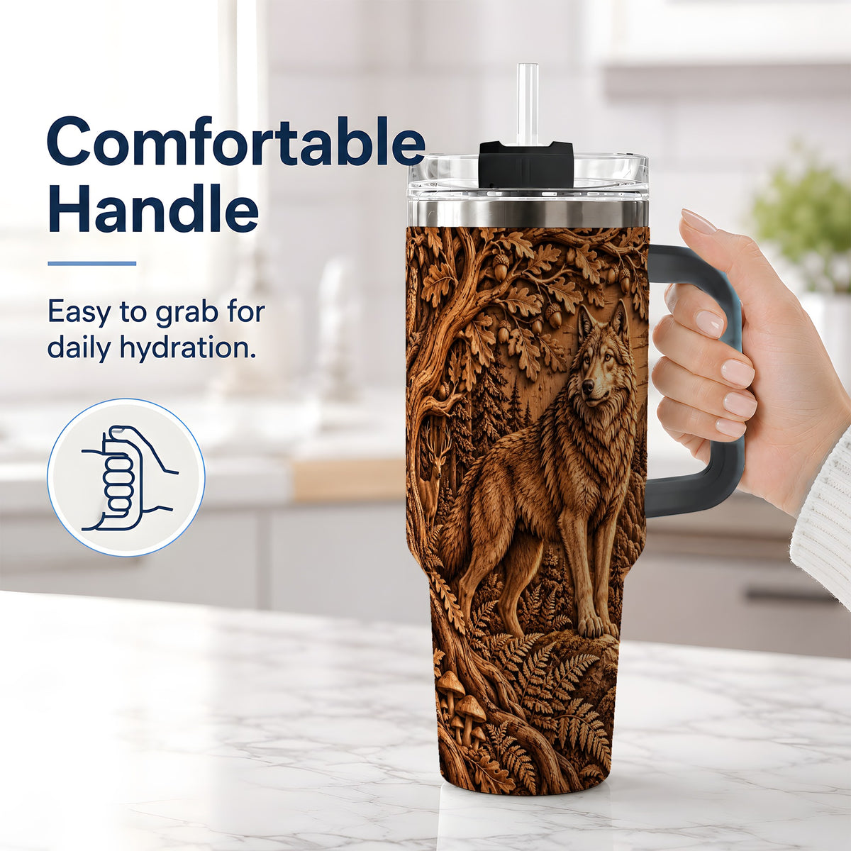 #pl[40oz|Black] Woodland Wolf Tumbler, 40oz Tumbler with Forest Animal Artwork