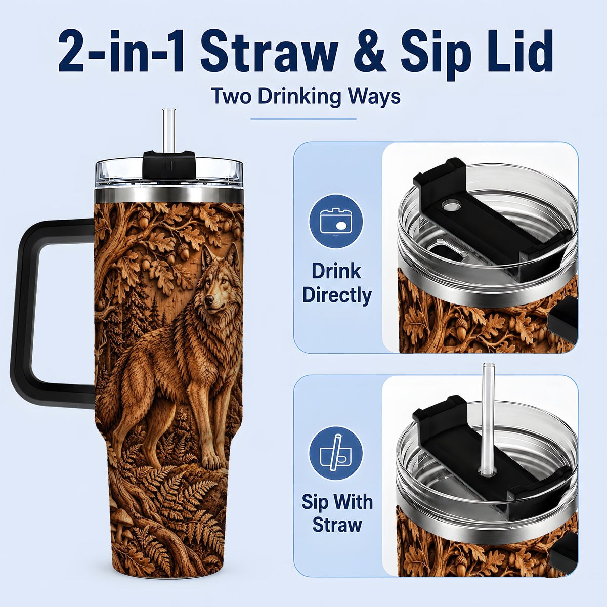 #pl[40oz|Black] Woodland Wolf Tumbler, 40oz Tumbler with Forest Animal Artwork