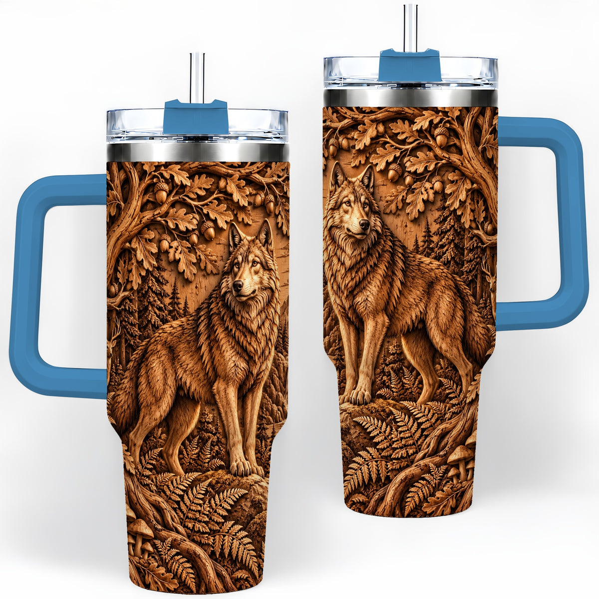 #pl[40oz|Blue] Woodland Wolf Tumbler, 40oz Tumbler with Forest Animal Artwork