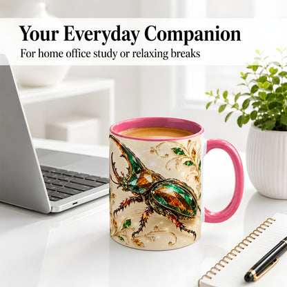 #pl[11oz|Pink] Stag Beetle Accent Mug, Ceramic Mug with Jewel Style Artwork