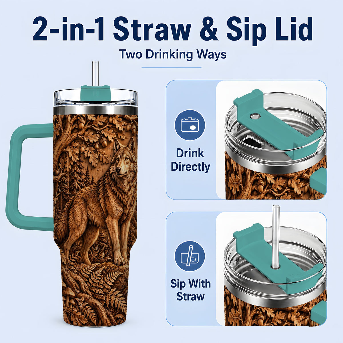 #pl[40oz|Green] Woodland Wolf Tumbler, 40oz Tumbler with Forest Animal Artwork