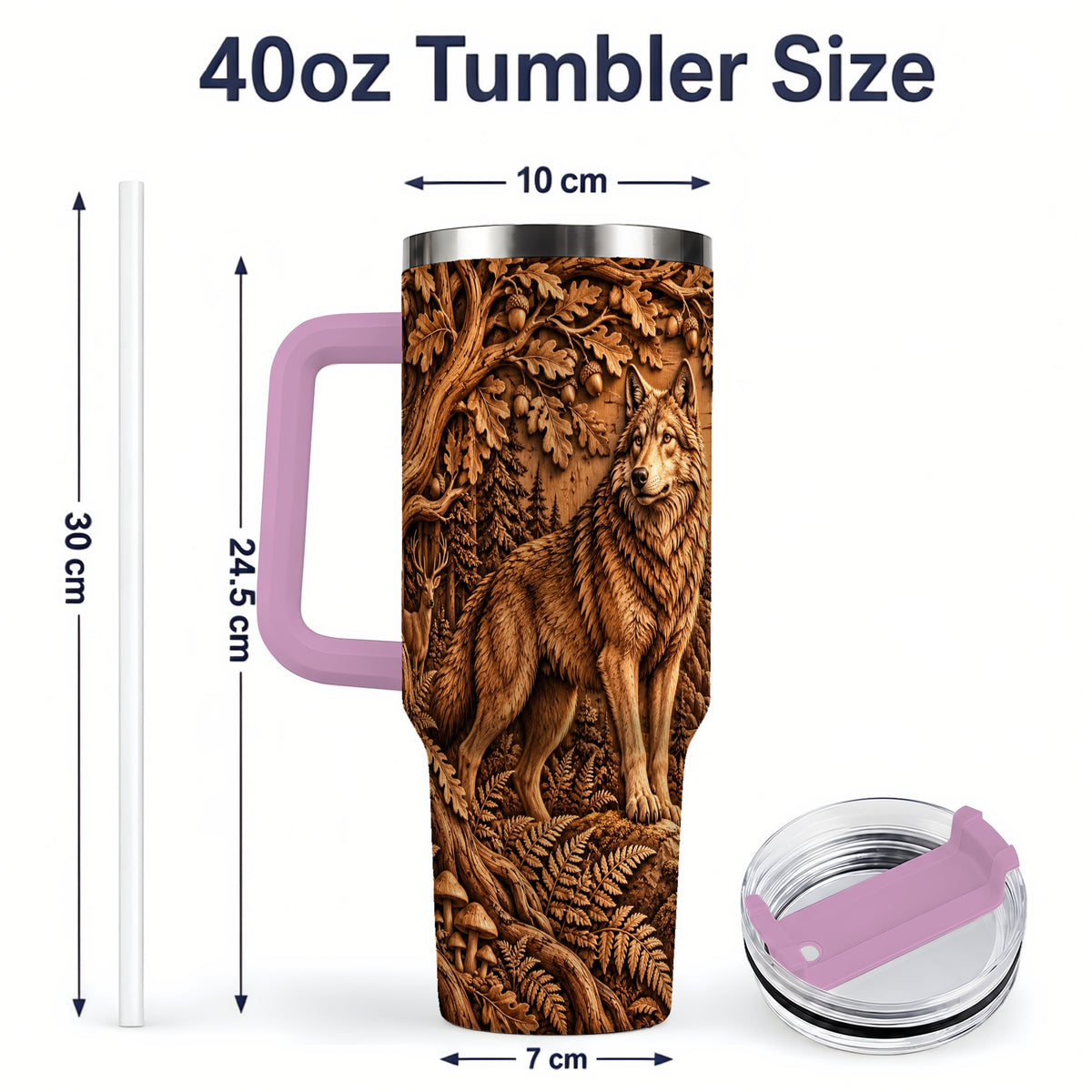 #pl[40oz|Pink] Woodland Wolf Tumbler, 40oz Tumbler with Forest Animal Artwork