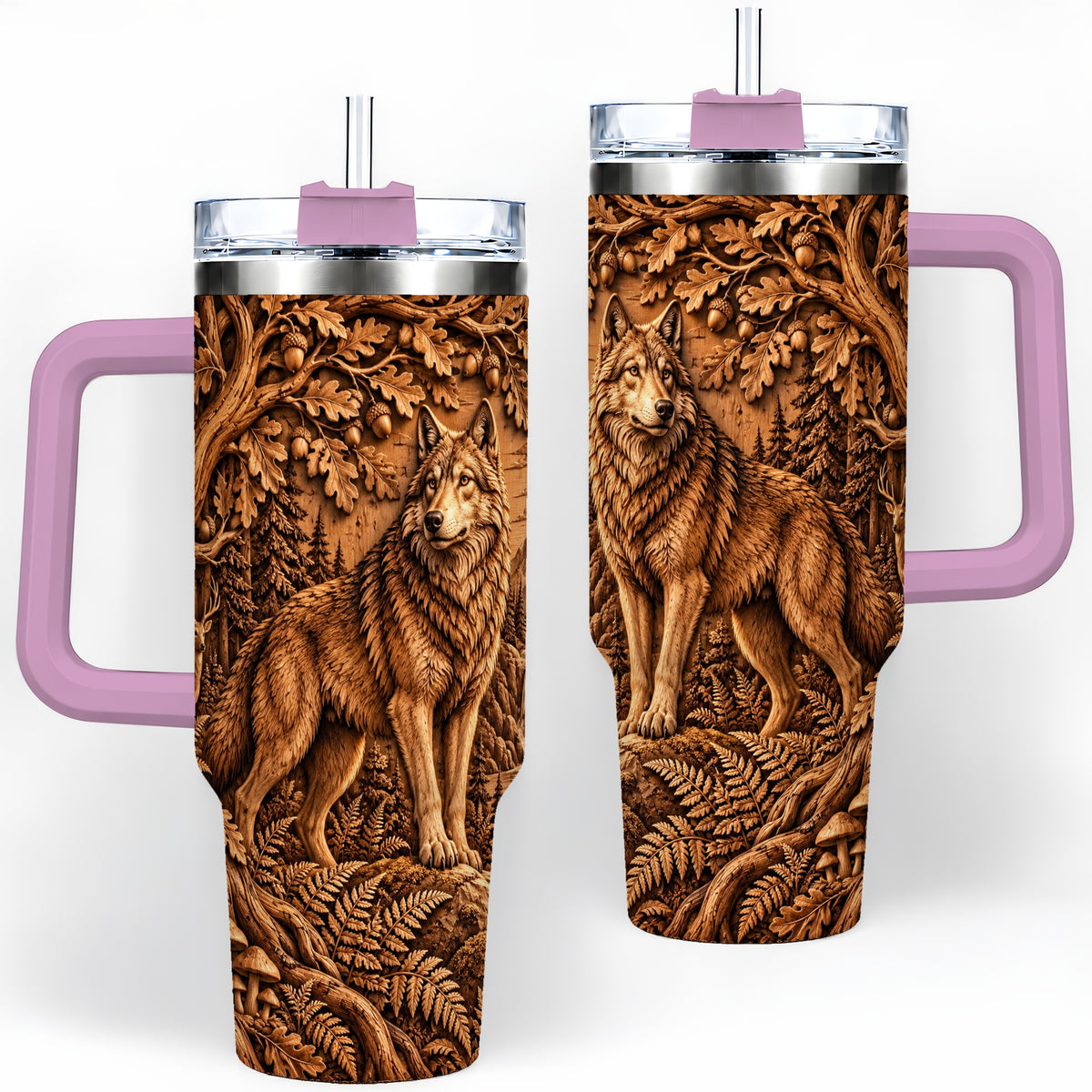 #pl[40oz|Pink] Woodland Wolf Tumbler, 40oz Tumbler with Forest Animal Artwork